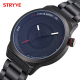 STRYVE black watch with a camera-aperture style dial and black stainless steel bracelet, angled view