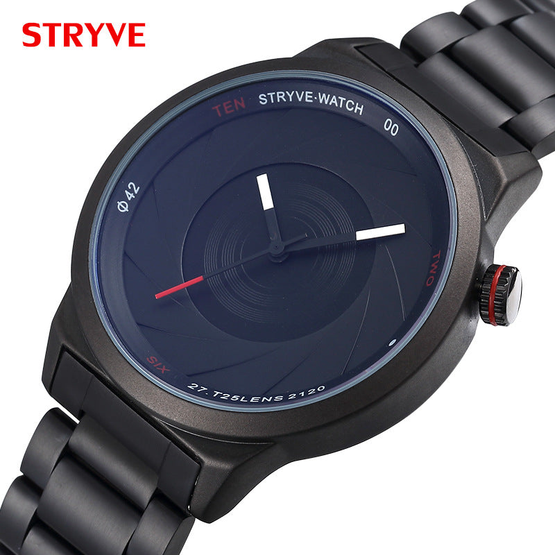 STRYVE black watch with a camera-aperture style dial and black stainless steel bracelet, angled view