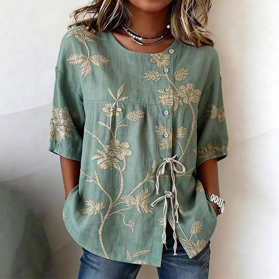 Ladies' casual digital printed lace up shirt