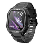 Black rugged smartwatch with a 3ATM water resist case and a step count display