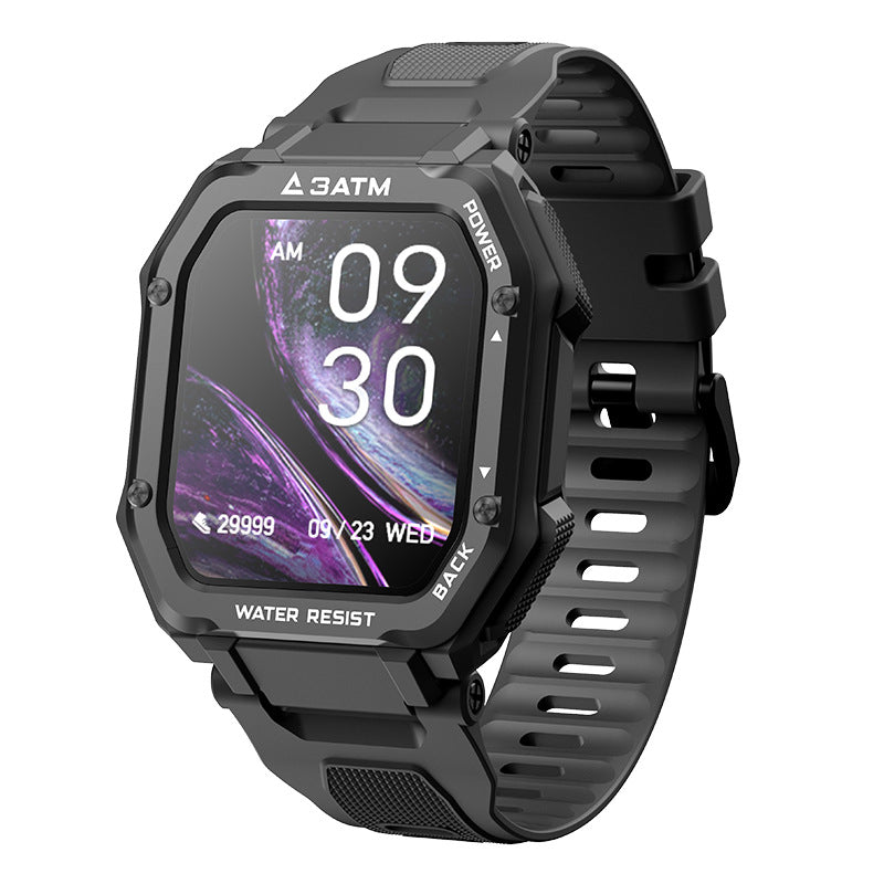 Black rugged smartwatch with a 3ATM water resist case and a step count display