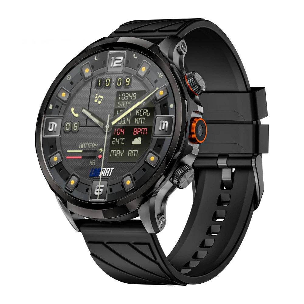 Black rugged smart watch with a digital dial showing steps, heart rate, and weather, worn on a black silicone strap.