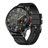 Black rugged smart watch with a digital dial showing steps, heart rate, and weather, worn on a black silicone strap.