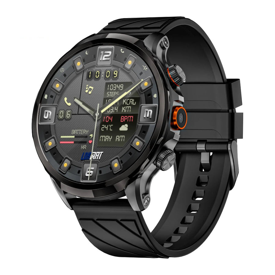 Black rugged smart watch with a digital dial showing steps, heart rate, and weather, worn on a black silicone strap.