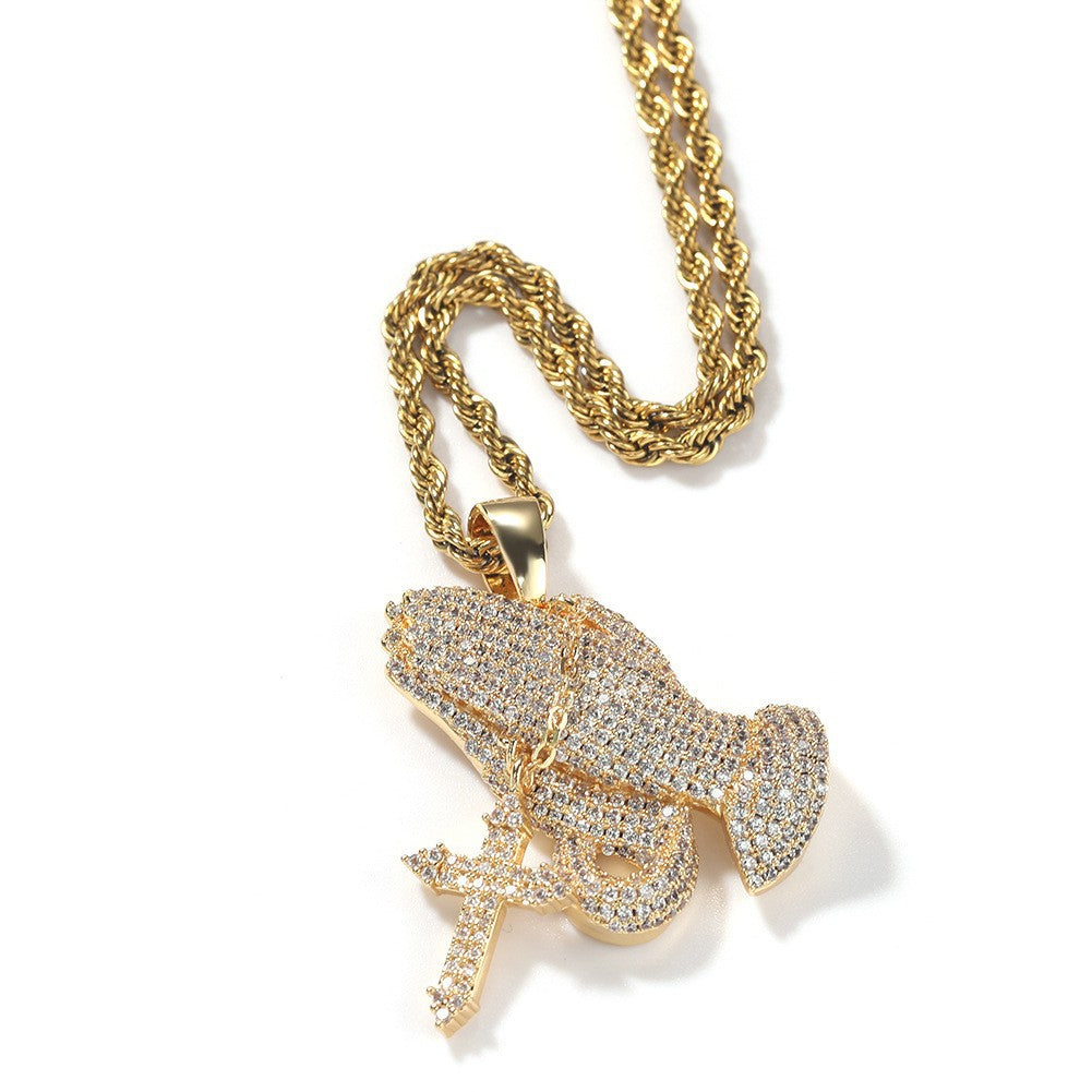 Full diamond hand cross pendant necklace European and American retro hip-hop rap popular accessory