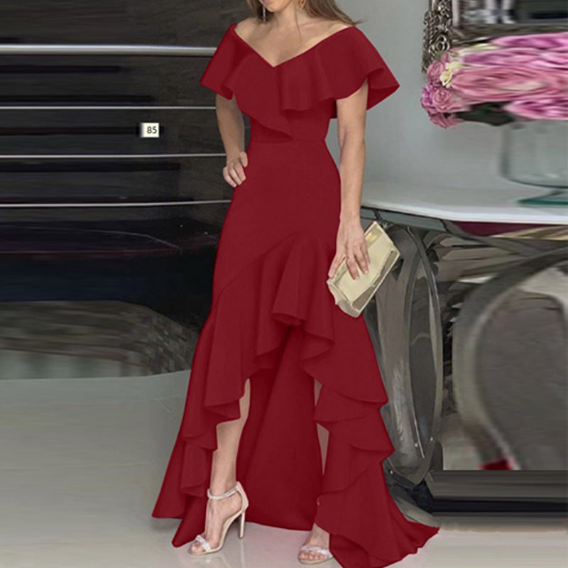 Temperament Ladies V-Neck Ruffle Irregular Elegant Dress