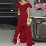Temperament Ladies V-Neck Ruffle Irregular Elegant Dress