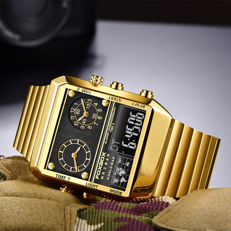 Gold square dual-display watch with black dial, angled view showing world map and chronograph