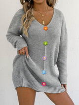 Lady Deep V Neck Sexy Knit Sweater with Hand-Crocheted Flower Splicing Layering Dress (Without Belt)