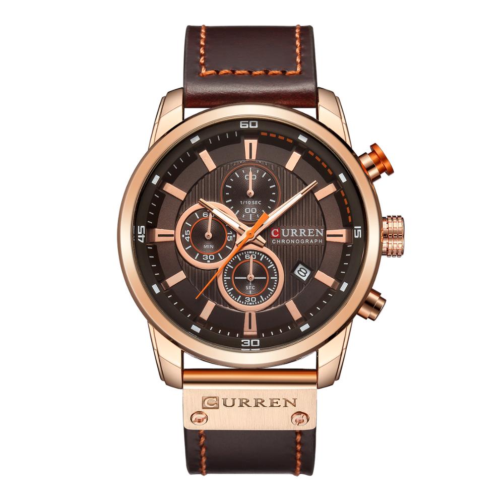 Men's black chronograph watch with leather strap and pin buckle