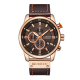 Men's black chronograph watch with leather strap and pin buckle