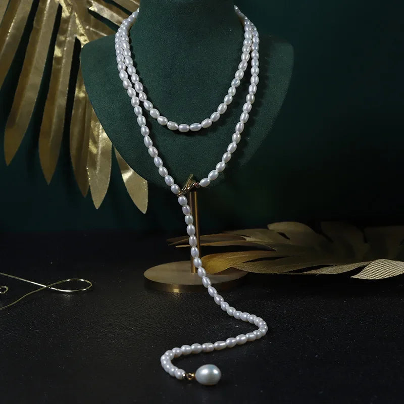 80cm Long Natural Pearl Chain Necklace for Women Female Jewelry Real Mini Small Baroque Pearl Tassel Necklace Choker