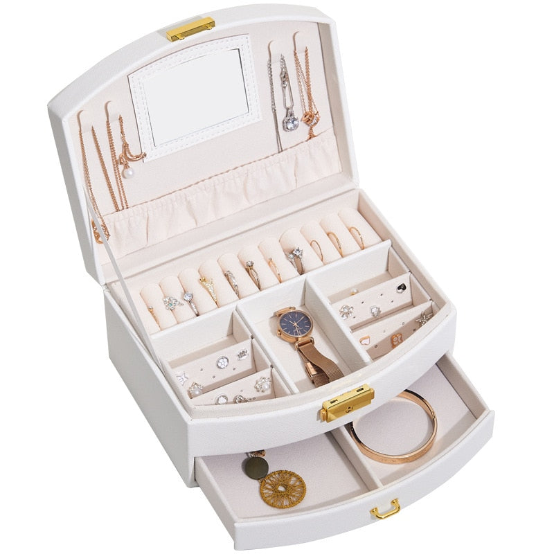 New Wear-resista Leather Jewelry Box Travel Jewelry Organizer Multifunction Necklace Earring Storage Box with Mirror Gifts