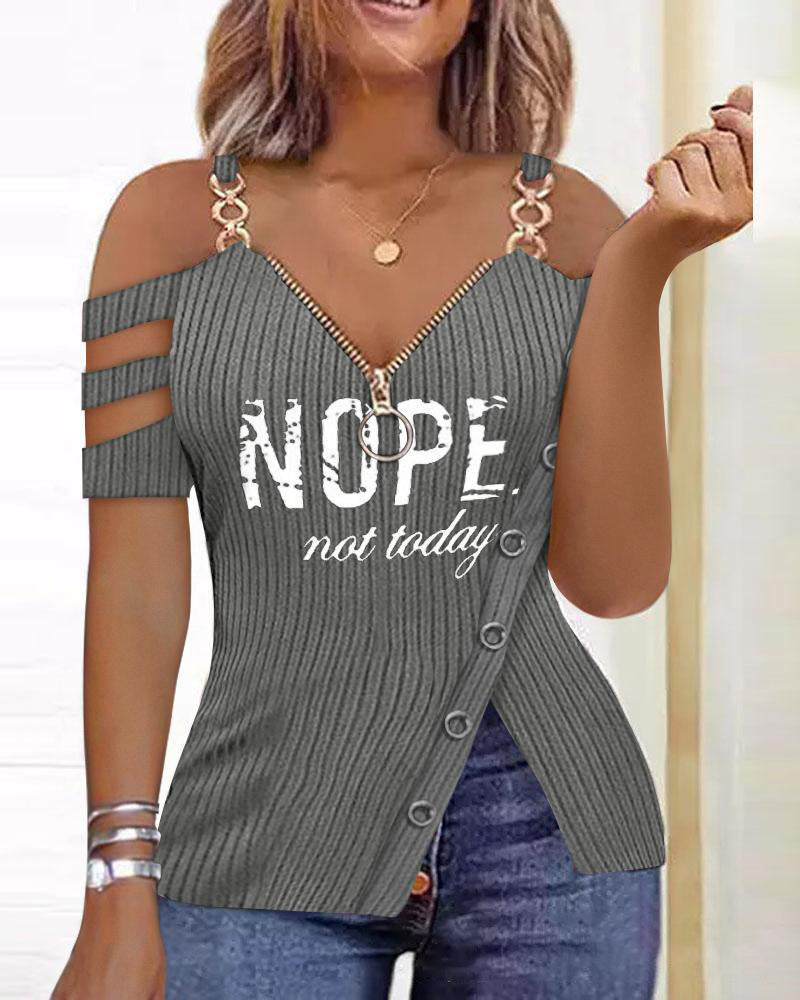 Womens European and American Metal Chain Zipper V Neck Shirt With Ship Anchor Pattern Printed Zipper T Shirt