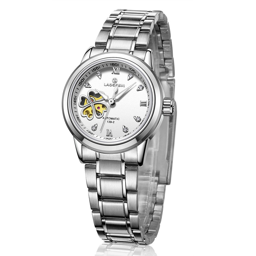 Silver automatic watch, white dial with blue four-leaf clover skeleton cutout, blue leather strap