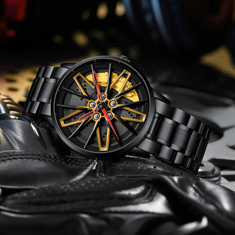 Black and gold quartz watch with a car wheel hub style dial and black stainless steel bracelet