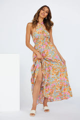 European and American Spring and Summer New Womens Sexy Strap Hanging Neck Split Print Holiday Dress