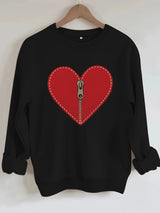 Love pattern printed round neck fleece hoodie