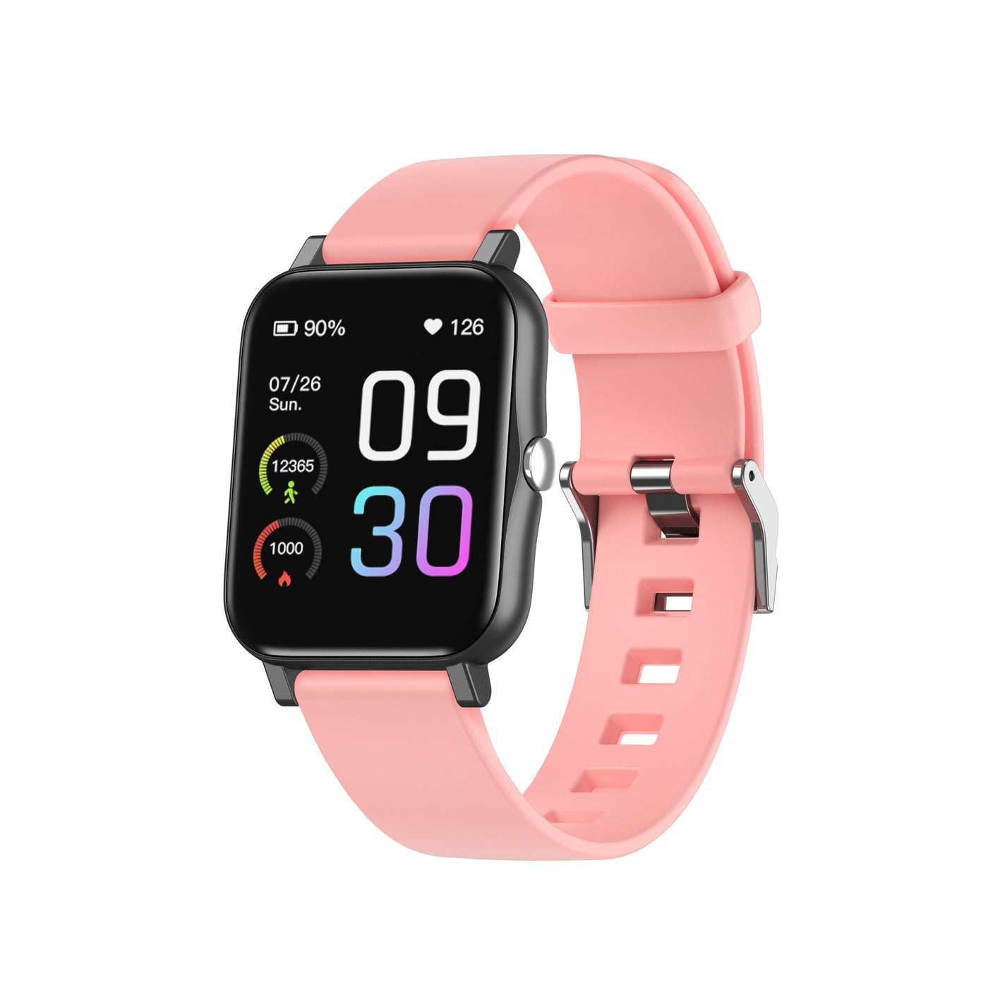 Pink smartwatch touchscreen showing heart rate, step count, and calories with a silicone band