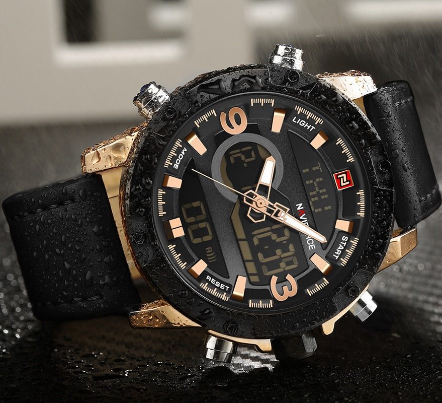 NAVIFORCE black and gold analog-digital watch with black leather strap