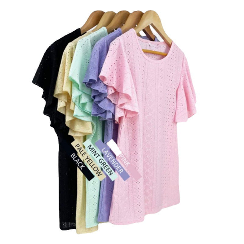 Ladies T-Shirt Cutout Tunic Ruffle Sleeve Casual Top