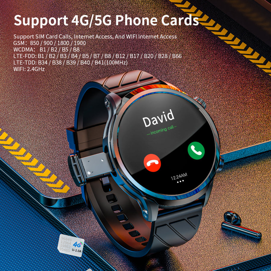 Black rugged smart watch with a digital dial showing steps, heart rate, and weather, worn on a black silicone strap.