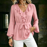 Elegant Women's V-Neck Ruffle Blouse with Tie Waist, Lantern Sleeves Long Sleeve Top