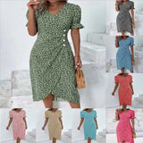 European and American Summer New Womens Vacation Leisure Flower Irregular Bottom V Neck Dress