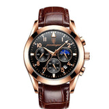 Rose gold chronograph watch with brown leather band and moon-phase dial, studio product shot