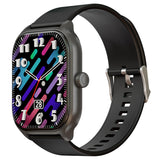 Rectangular black smartwatch with a colorful abstract watch face and black silicone band