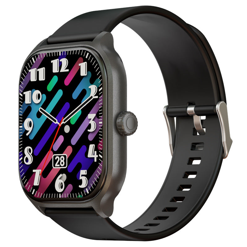 Rectangular black smartwatch with a colorful abstract watch face and black silicone band