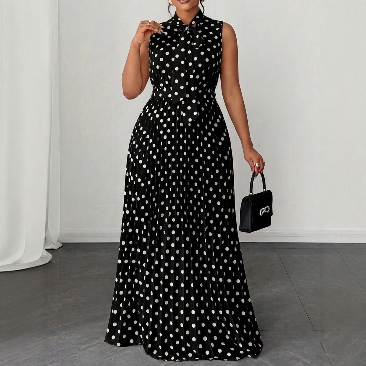 Polka Dot Sleeveless Tie Waist Midi Dress