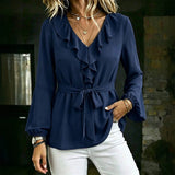 Elegant Women's V-Neck Ruffle Blouse with Tie Waist, Lantern Sleeves Long Sleeve Top