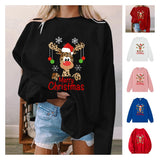 A black crewneck sweatshirt printed with a leopard-print reindeer in a Santa hat hung with ornaments above Merry Christmas in red, shown with smaller images of other colors.