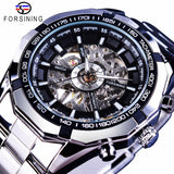Silver skeleton automatic watch with exposed mechanical dial, stainless steel bracelet