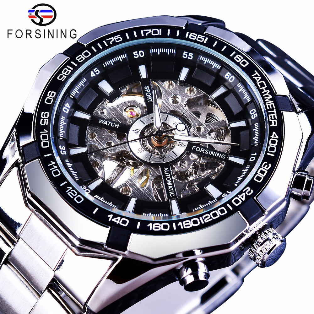 Silver skeleton automatic watch with exposed mechanical dial, stainless steel bracelet