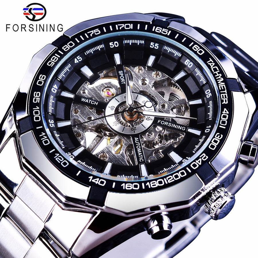 Silver skeleton automatic watch with exposed mechanical dial, stainless steel bracelet