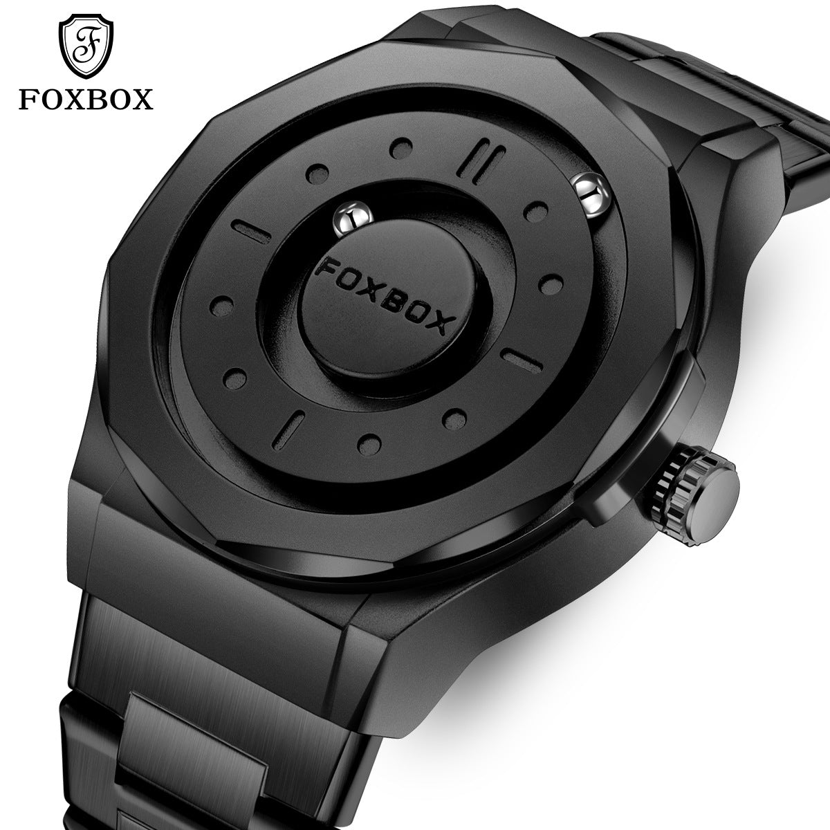 All-black FOXBOX watch with a rotating magnetic disc dial and stainless steel bracelet, close angled view