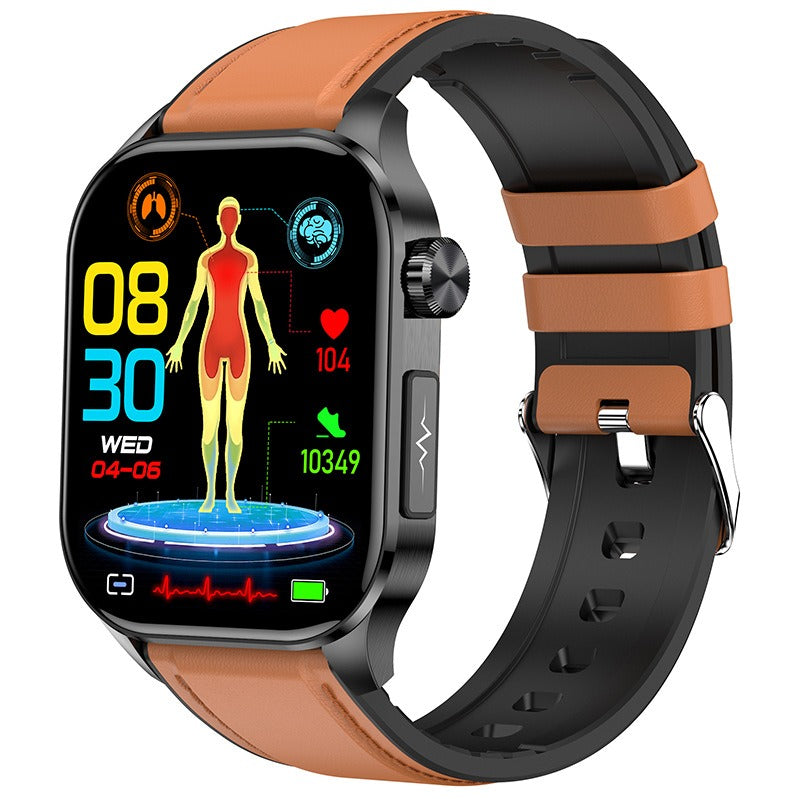 Black smartwatch with a full body health scan display and a brown leather look strap