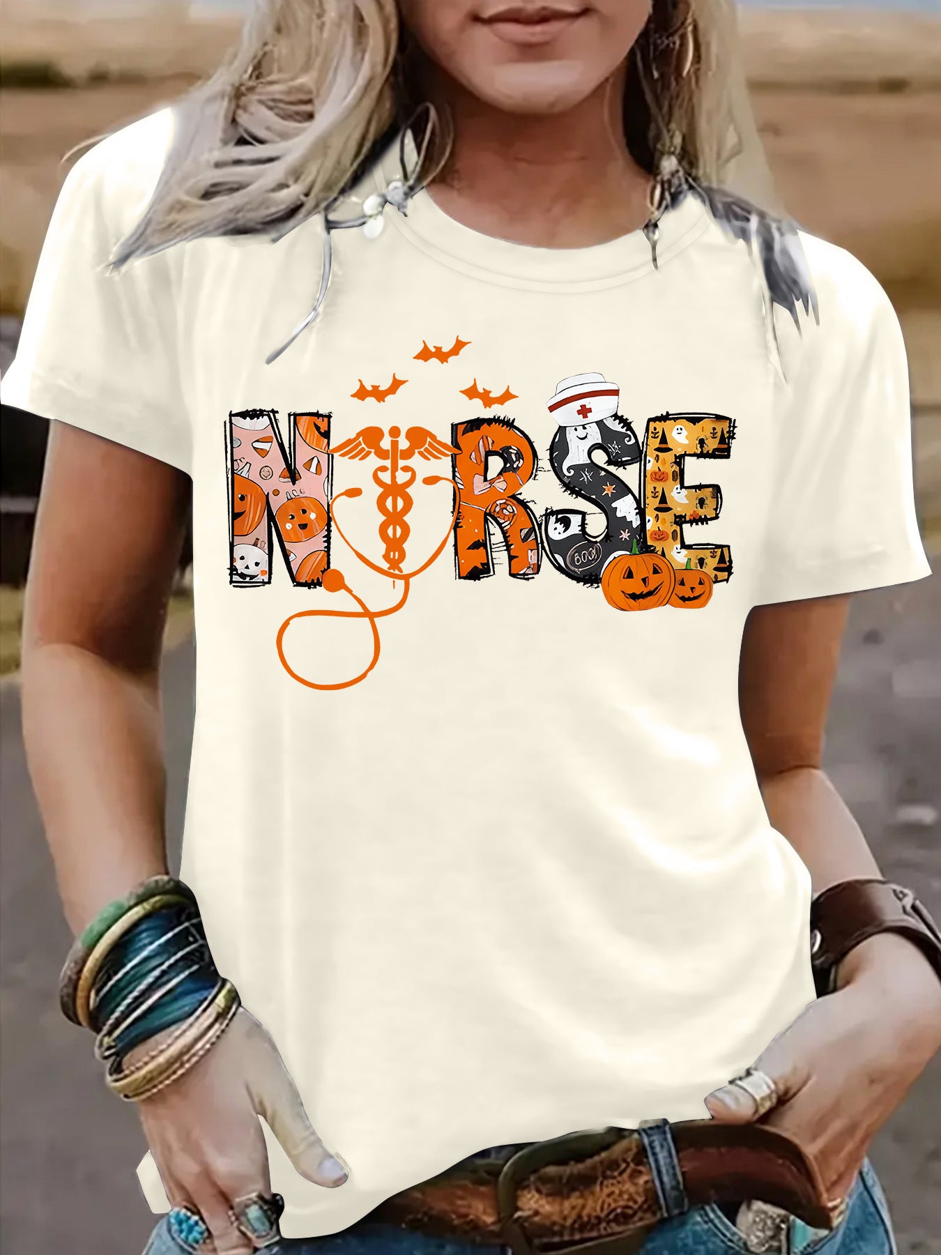 Halloween printed short sleeved t-shirt for women