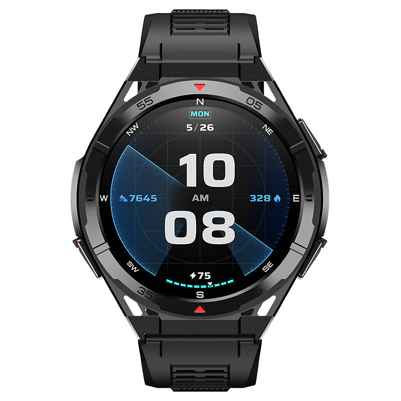 Black rugged smart watch worn on wrist, showing dual time digital display