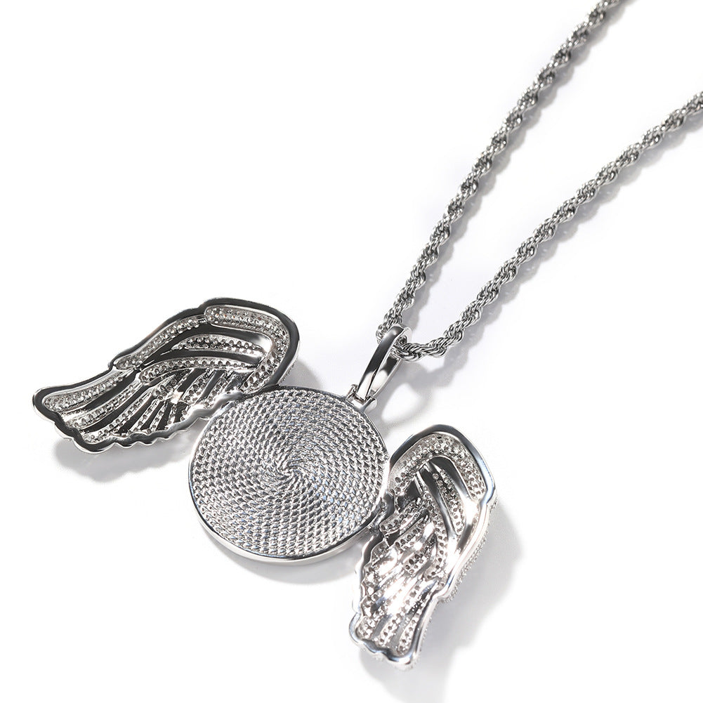Custom DIY Photo Frame Pendant, Hip Hop Bling Rhinestone Round Wing Necklace