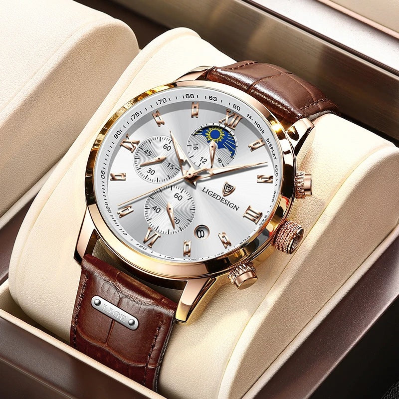 Lige men's watch, white dial with moon phase display and rose gold case, brown leather strap