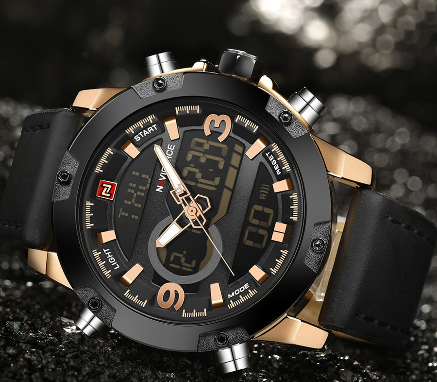 NAVIFORCE black and gold analog-digital watch with black leather strap