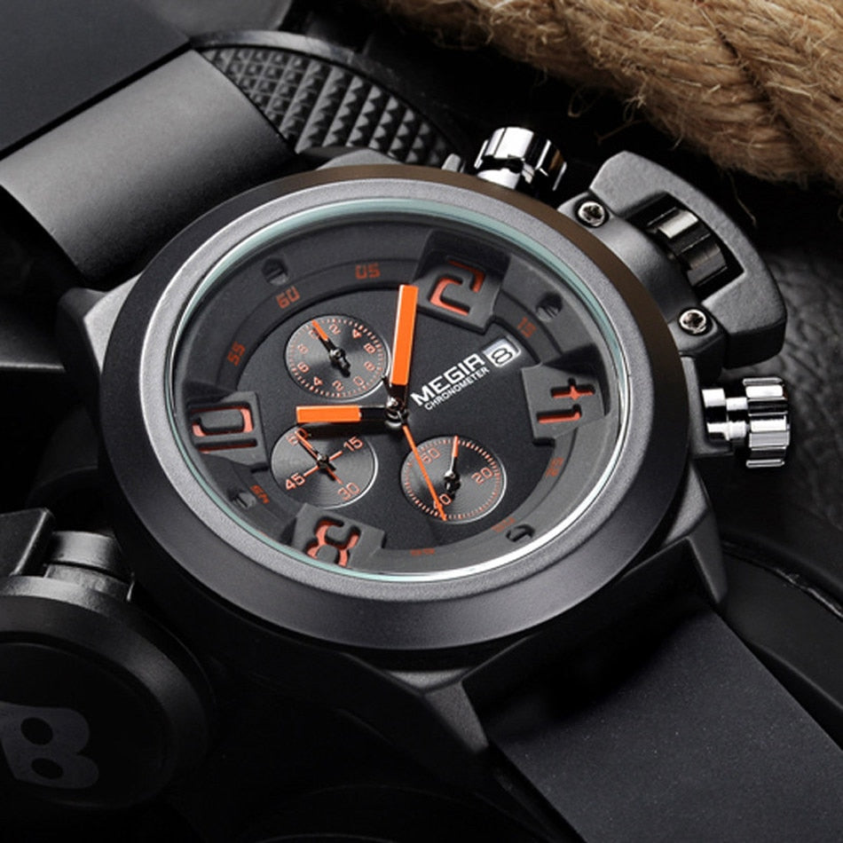 MEGIR black quartz watch with orange accents and black silicone strap