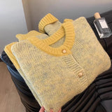 Chic Yellow Short Knit Cardigan for Women, Thick Cozy Style, Loose Fit, Petite Size, Autumn and Spring Wear