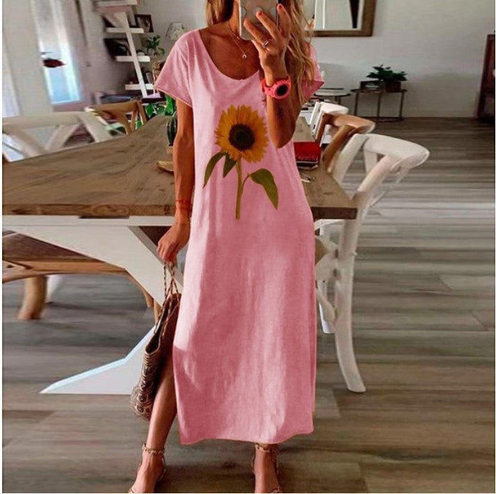 Sunflower Plant Style Ladies Print Side Slit Dress