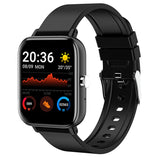 Black rectangular smartwatch with a touchscreen showing time, weather and a heart rate chart, black band