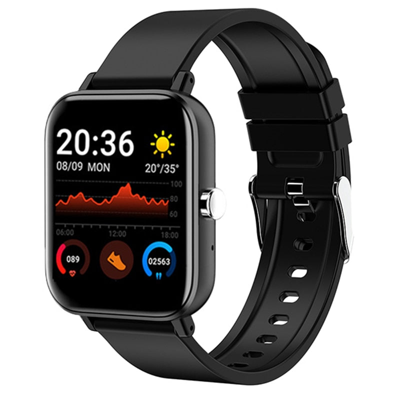 Black rectangular smartwatch with a touchscreen showing time, weather and a heart rate chart, black band