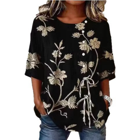 Ladies' casual digital printed lace up shirt